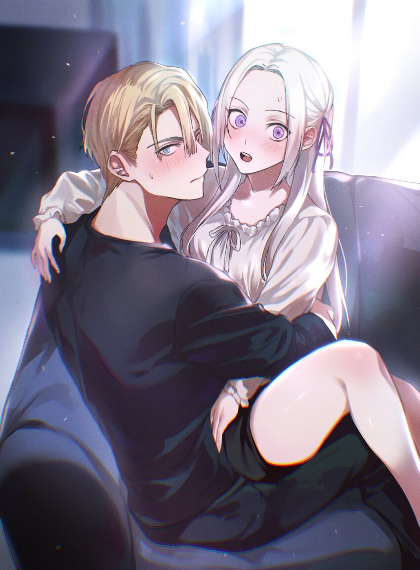 1boy, 1girl, back, bare_legs, black_shirt, black_shorts, blonde_hair, blue_eyes, blurry, blurry_background, blush, closed_mouth, couch, couple, dappled_sunlight, dimitri_alexandre_blaiddyd, edelgard_von_hresvelg, fire_emblem, fire_emblem:_three_houses, frilled_shirt, frilled_sleeves, frills, from_side, hair_between_eyes, hair_ribbon, hand_on_another's_shoulder, head_tilt, hetero, highres, knee_up, korean_commentary, leaning_forward, leaning_to_the_side, light_particles, long_hair, long_sleeves, looking_at_viewer, looking_to_the_side, nintendo, on_couch, open_mouth, pants, parted_bangs, purple_eyes, purple_ribbon, ribbon, shirt, short_hair, shorts, sitting, sitting_on_person, sleeves_rolled_up, soma_otakuu, sunlight, sweatdrop, teeth, thighs, upper_teeth_only, white_hair, white_shirt