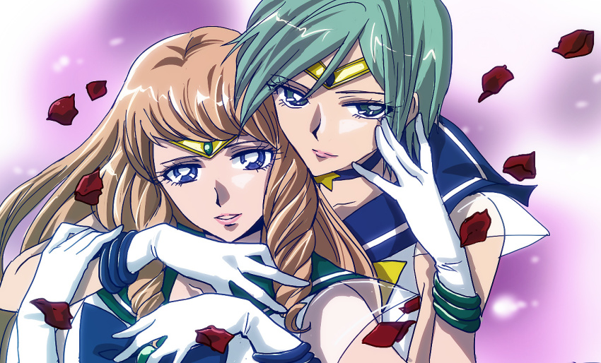 2girls, atari_kou, bishoujo_senshi_sailor_moon, bishoujo_senshi_sailor_moon_stars, blonde_hair, blue_eyes, blue_sailor_collar, boketsu_(okuren), cosplay, gloves, green_eyes, green_hair, kaiou_michiru, kei_madoka, long_hair, magical_girl, multiple_girls, outer_senshi, parody, petals, sailor_collar, sailor_neptune, sailor_neptune_(cosplay), sailor_senshi, sailor_uranus, sailor_uranus_(cosplay), short_hair, star_driver, style_parody, ten'ou_haruka, white_gloves