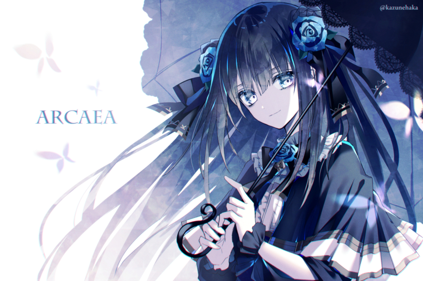 1girl, arcaea, black_bow, black_capelet, black_dress, black_flower, black_hair, black_ribbon