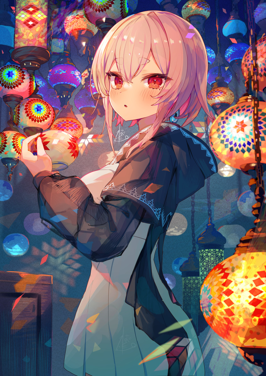 1girl, :o, absurdres, blush, bowl, breasts, colored_inner_hair, dot_nose, dress, highres, holding, holding_bowl, long_sleeves, looking_at_viewer, mole, mole_under_eye, multicolored_hair, original, pink_hair, puffy_long_sleeves, puffy_sleeves, red_eyes, see-through_clothes, see-through_sleeves, short_eyebrows, signature, tamagonezu, thick_eyebrows, tongue, triangle, turkish_commentary, white_dress