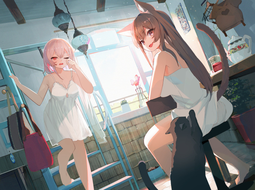 2girls, ;d, absurdres, animal_ear_fluff, animal_ears, bag, barefoot, breasts, brown_bag, brown_hair, brown_shirt, cat, cleavage, clothing_cutout, dress, fang, flower, glass, highres, multiple_girls, one_eye_closed, open_mouth, original, pink_bag, pink_eyes, pink_flower, pink_hair, plant, potted_plant, shirt, short_eyebrows, sitting, smile, sparkle, table, tail, tamagonezu, teapot, thick_eyebrows, turkish_commentary, vase, white_dress, white_hair, window