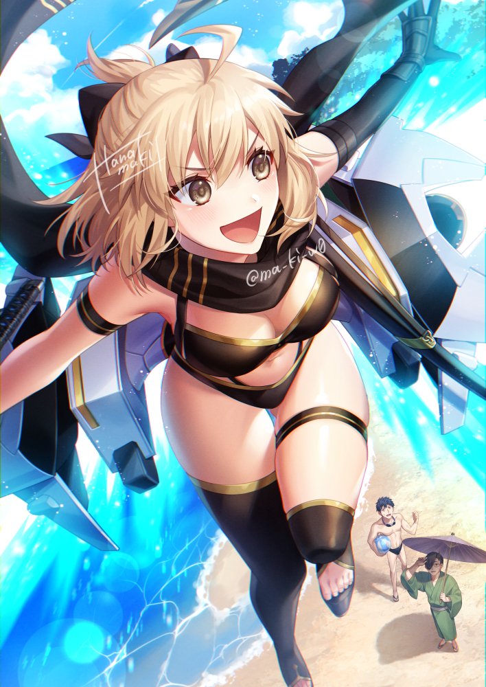 1girl, 2boys, ahoge, arm_strap, ball, bikini, black_bikini, black_gloves, black_hair, black_ribbon, black_scarf, black_thighhighs, blonde_hair, blue_hair, breasts, brown_eyes, fate/grand_order, fate_(series), from_above, geta, glasses, gloves, goggles, goggles_around_neck, green_kimono, hair_ribbon, holding, holding_ball, holding_sword, holding_umbrella, holding_weapon, japanese_clothes, jetpack, kamuinii, kimono, large_breasts, light_particles, male_swimwear, multiple_boys, navel, obi, ocean, oil-paper_umbrella, okita_j._souji_(fate), okita_j._souji_(first_ascension)_(fate), okita_souji_(fate), outdoors, ribbon, saitou_hajime_(fate), sand, sandals, sash, scabbard, scarf, sheath, short_hair, signature, swim_briefs, swimsuit, sword, thigh_strap, thighhighs, twitter_username, umbrella, unsheathed, weapon, yamanami_keisuke_(fate)