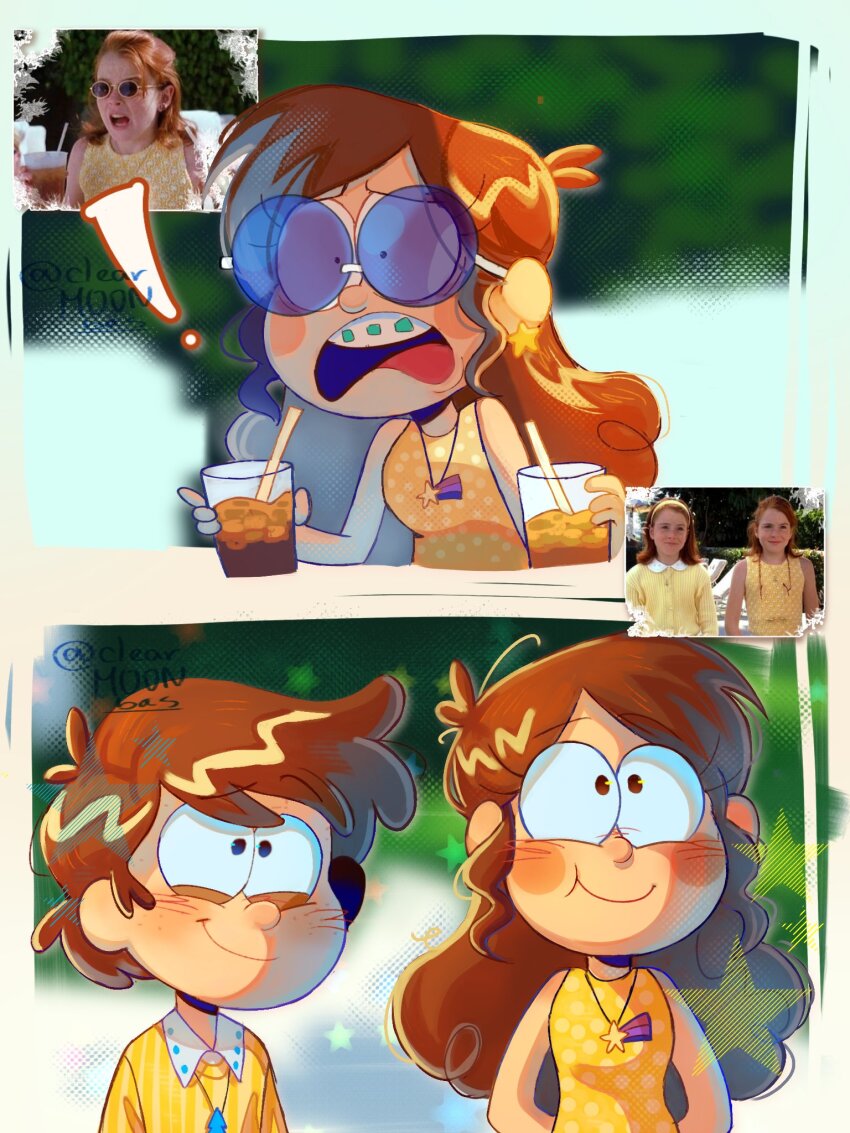 1boy, 1girl, arms_behind_back, bags_under_eyes, bare_arms, bare_shoulders, blush, blush_stickers, braces, brother_and_sister, brown_eyes, brown_hair, clearmonbass, collared_shirt, constricted_pupils, crossover, cup, dipper_pines, drink, drinking_straw, earrings, eyelashes, glass, gravity_falls, halftone, halftone_background, highres, holding, holding_cup, holding_drink, jewelry, lindsay_lohan, mabel_pines, necklace, one-piece_swimsuit, open_mouth, panicking, parody, pine_tree, polka_dot, polka_dot_swimsuit, purple-tinted_eyewear, round_eyewear, scene_reference, shirt, shooting_star_(symbol), short_hair, siblings, smile, star_(symbol), star_earrings, star_necklace, sunglasses, surprised, sweater, swimsuit, the_parent_trap, tinted_eyewear, tree, tree_necklace, twins, twitter_username, wavy_sidelocks, yellow_one-piece_swimsuit, yellow_sweater