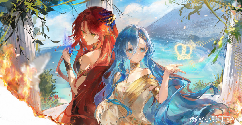 2girls, 37_(reverse:1999), absurdres, ancient_greek_clothes, armlet, bare_shoulders, black_dress, blue_eyes, blue_hair, blue_sky, burning, cloud, column, day, dress, fire, gold_choker, greco-roman_clothes, green_eyes, hair_between_eyes, hand_up, highres, hofmann_knot, holding_ornament, jewelry, long_hair, looking_at_another, looking_at_object, looking_back, mountain, multiple_girls, ocean, pendant, pillar, plant, red_hair, reverse:1999, sky, smile, sophia_(manus_vindictae)_(reverse:1999), sophia_(reverse:1999), toga, upper_body, very_long_hair, watermark, weibo_watermark, xiao_xiong_keke_aoi