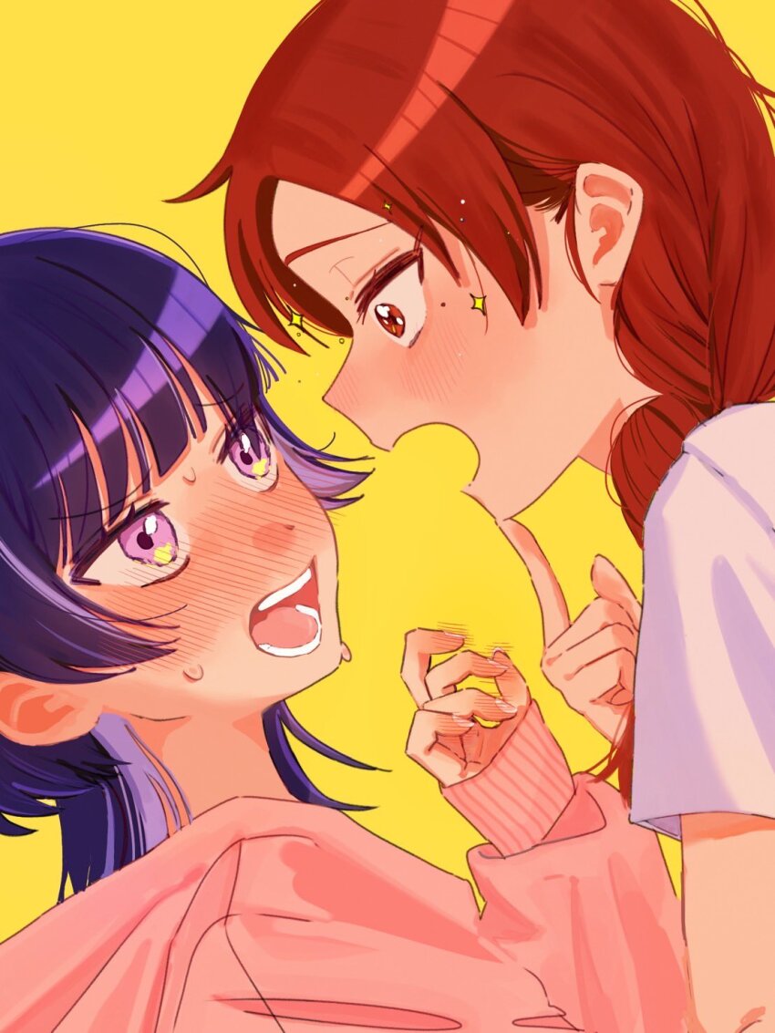 2girls, blunt_bangs, blush, braid, commentary_request, dutch_angle, eye_contact, finger_to_own_chin