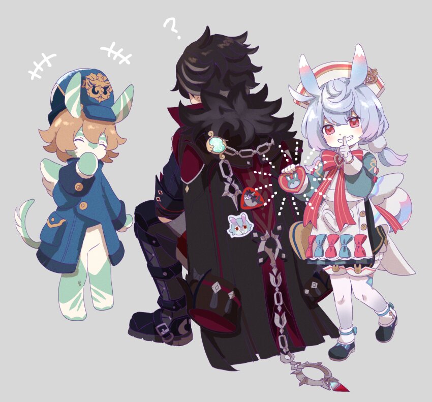 +++, 1boy, 2girls, ?, ^_^, animal_ears, aoyagi_(ao0701yagi), apron