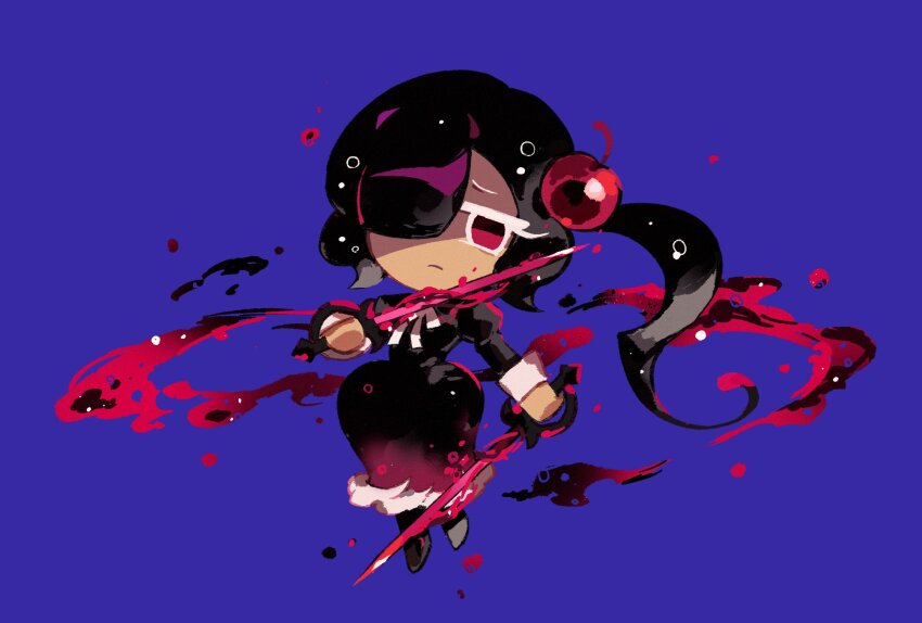1girl, black_dress, black_footwear, black_hair, cherry, cherry_cola_cookie, cherry_hair_ornament, chibi