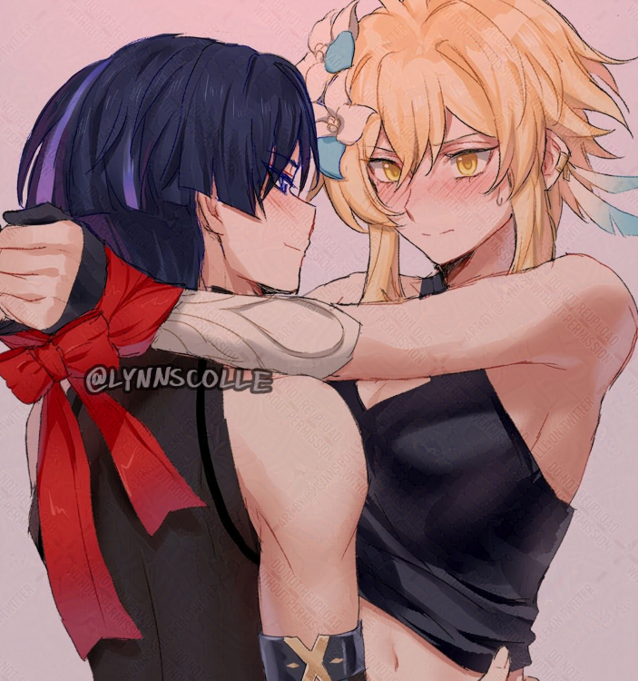 1boy, 1girl, aqua_flower, arms_around_neck, bare_shoulders, black_bodysuit, black_gloves, black_hair