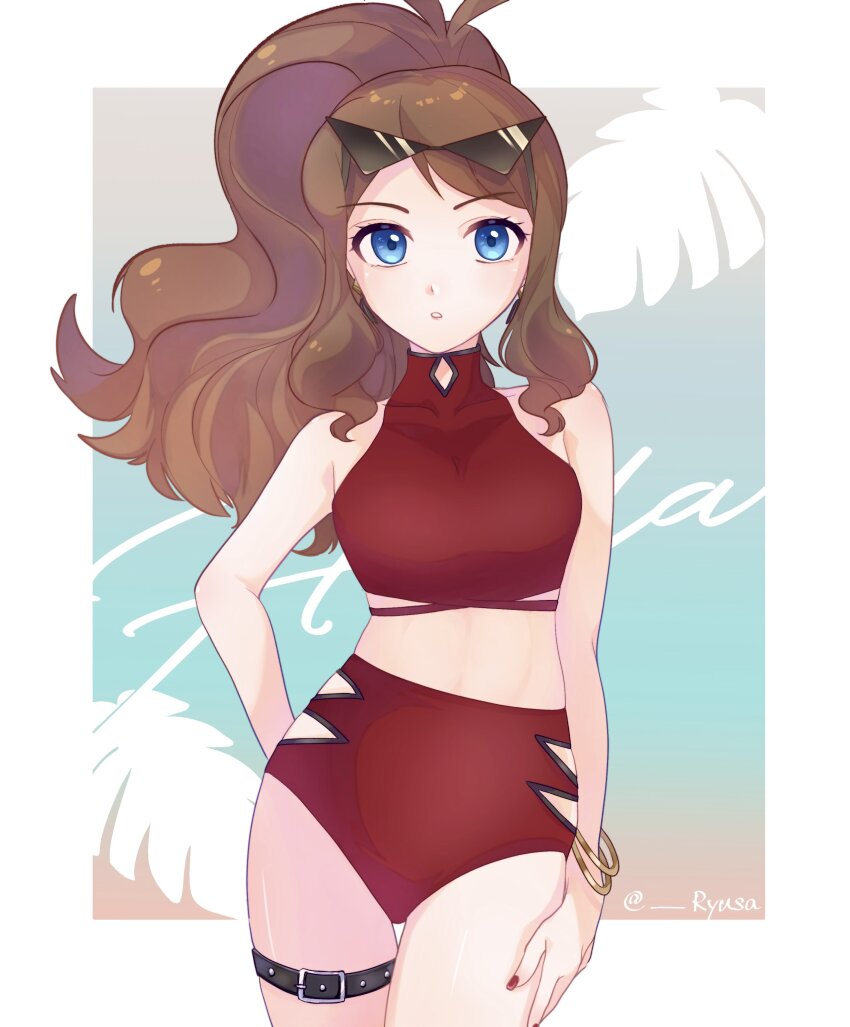 1girl, absurdres, alternate_costume, antenna_hair, bikini, blue_eyes, border, bracelet, brown_hair, collarbone, commentary_request, cowboy_shot, eyelashes, hand_on_own_thigh, high_ponytail, highres, hilda_(pokemon), jewelry, long_hair, nail_polish, nintendo, parted_lips, pokemon, pokemon_black_and_white, ponytail, red_bikini, red_nails, ryusa_(gjgd7445), sidelocks, solo, sunglasses, swimsuit, thigh_strap, twitter_username, white_border