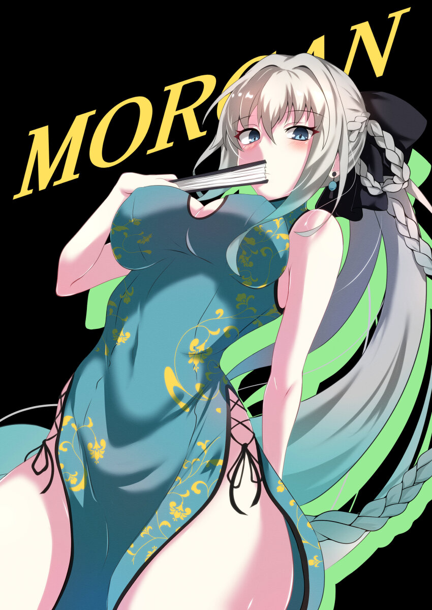 1girl, absurdres, arm_behind_back, bare_shoulders, black_background, black_ribbon, blue_eyes, blush