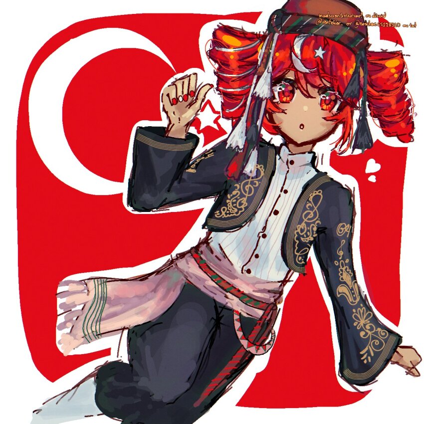 black_jacket, black_pants, crescent, drill_hair, hat, highres, jacket, kasane_teto, nail_polish, nowhere65128310, open_mouth, pants, red_eyes, red_hair, sash, star_and_crescent, turkish_clothes, turkish_flag, utau, worldwide_miku