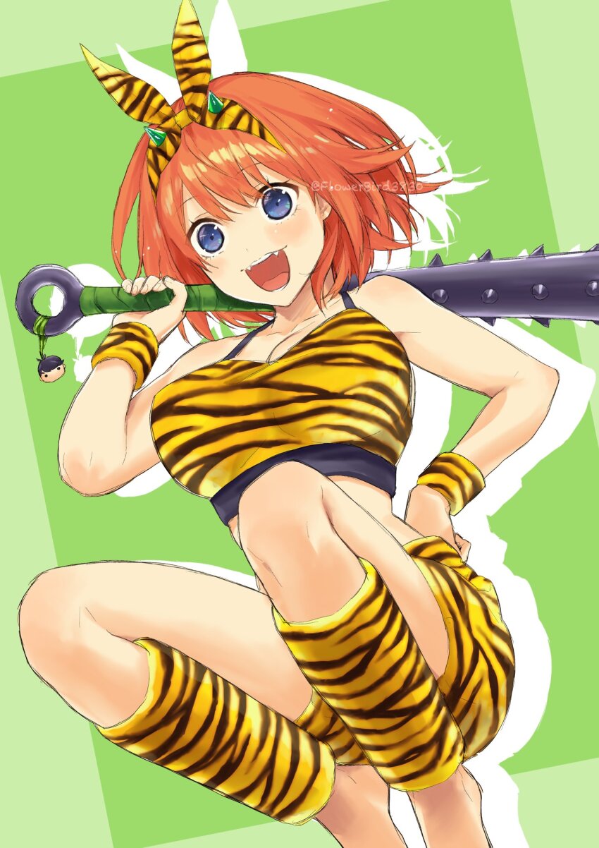 1girl, animal_print, bare_shoulders, blue_eyes, bootie, bra, club_(weapon), collarbone