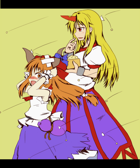 beans, blonde_hair, blush, bow, cuffs, female_focus, gourd, hair_bow, horns, hoshiguma_yuugi, ibuki_suika, kuroneko_(kuroi-neko), long_hair, multiple_girls, oni, orange_hair, setsubun, single_horn, touhou