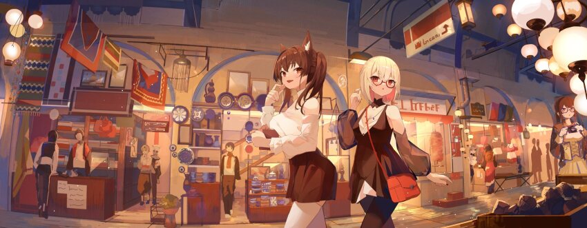 5girls, 6+others, animal_ear_fluff, animal_ears, bag, black-framed_eyewear, black_collar, black_dress