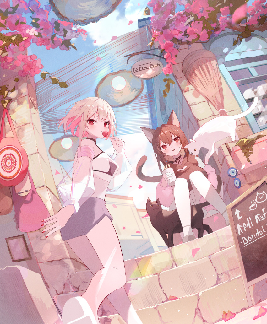 2girls, absurdres, animal_ears, barefoot, black_bra, blue_sky, blush, bra, breasts, brown_eyes, brown_hair, building, candy, cat, cat_ears, cat_tail, chair, chalkboard_sign, cloud, colored_inner_hair, cup, d:, detached_sleeves, falling_petals, flower, food, grey_footwear, grey_shorts, highres, holding, holding_candy, holding_cup, holding_food, holding_lollipop, jacket, lollipop, long_sleeves, multicolored_hair, multiple_girls, nazar_(amulet), open_mouth, original, petals, pink_flower, pink_hair, pink_jacket, puffy_long_sleeves, puffy_sleeves, red_eyes, see-through_clothes, see-through_sleeves, shorts, sign, sitting, sky, stairs, sweatdrop, tail, tamagonezu, thighhighs, turkish_commentary, underwear, white_hair, white_thighhighs, window