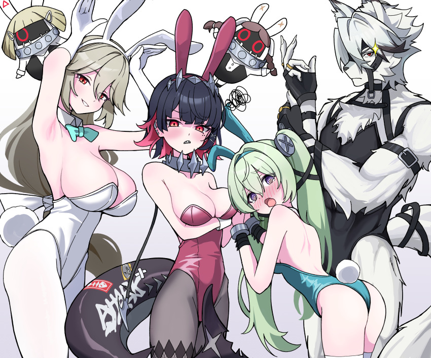 1boy, 3girls, 4_m_lacra, @_@, absurdres, alexandrina_sebastiane, alternate_costume, anastella_(zenless_zone_zero), angry, animal_ear_fluff, animal_ear_hairband, animal_ears, aqua_bow, aqua_bowtie, arm_belt, arm_under_breasts, armpits, arms_up, ass, back, backless_leotard, bangboo_(zenless_zone_zero), bare_shoulders, black_gloves, black_hair, black_leotard, black_pantyhose, blonde_hair, blush, body_fur, bow, bowtie, breasts, bunny_day, chest_harness, cleavage, clenched_teeth, closed_mouth, collar, colored_inner_hair, corin_wickes, detached_collar, drusilla_(zenless_zone_zero), earclip, ellen_joe, embarrassed, fake_animal_ears, fake_tail, fingerless_gloves, fins, fish_tail, furry, furry_male, gloves, green_hair, green_leotard, grin, hair_between_eyes, hairband, harness, highleg, highleg_leotard, highres, jewelry, large_breasts, leaning_forward, leotard, long_hair, looking_at_viewer, looking_back, metal_collar, metal_hairband, mole, mole_under_eye, multicolored_hair, multiple_girls, open_mouth, pantyhose, playboy_bunny, purple_eyes, rabbit_ear_hairband, rabbit_ears, rabbit_pose, rabbit_tail, red_eyes, red_hair, red_leotard, ring, scar, scar_on_tail, shark_girl, shark_tail, sharp_teeth, simple_background, smile, sparkle, squiggle, standing, strapless, strapless_leotard, tail, teeth, turning_head, twintails, two-tone_hair, von_lycaon, white_background, white_fur, white_gloves, white_leotard, white_pantyhose, wolf_boy, wolf_ears, wolf_tail, wrist_cuffs, zenless_zone_zero