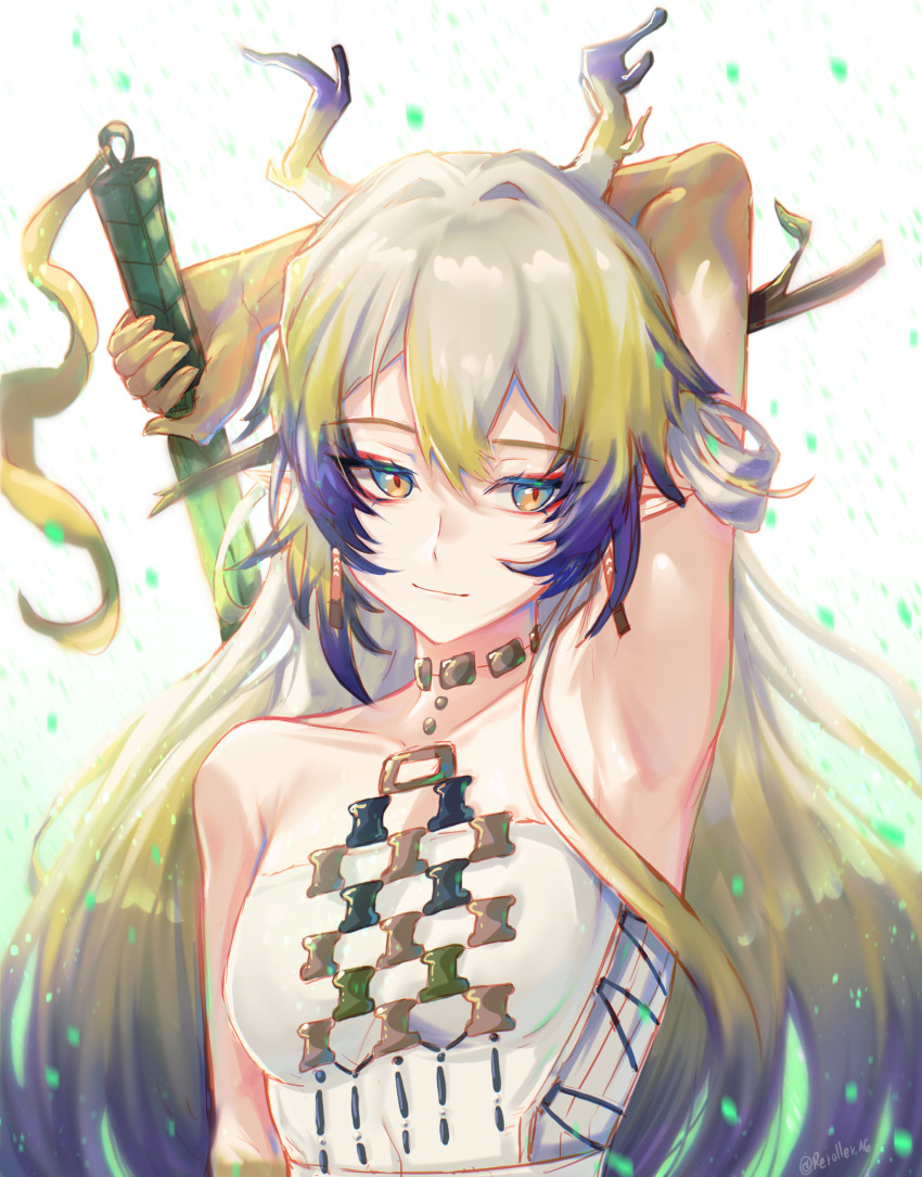 1girl, absurdres, arknights, arm_up, armpits, bare_shoulders, choker, grey_eyes, grey_hair, hair_intakes, highres, horns, i_(taiyo_1710), jewelry, long_hair, looking_at_viewer, necklace, shu_(arknights), solo, strapless, tube_top, upper_body, very_long_hair