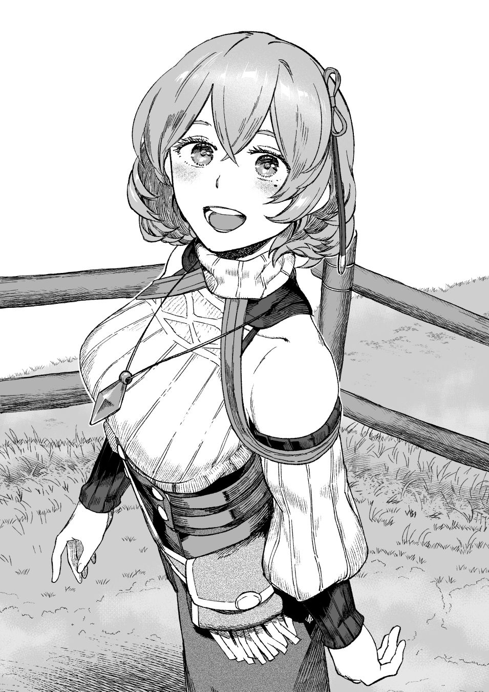 1girl, :d, bare_shoulders, breasts, diamond_necklace, fence, grass, greyscale, highres, large_breasts, looking_at_viewer, medium_hair, mole, mole_under_eye, monochrome, on_ground, open_mouth, pouch, sheep_63, smile, solo, teeth, walking, wooden_fence, ys, ys_ix:_monstrum_nox, yufa_gamberg
