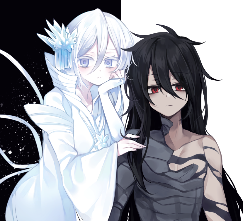 1boy, 1girl, arm_warmers, bandaged_chest, bankai, black_background, black_hair, bleach