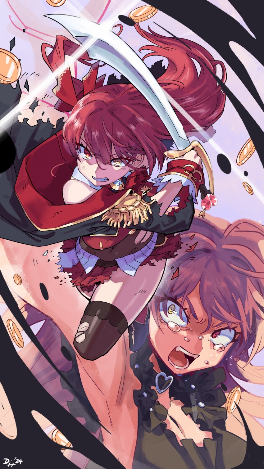 2girls, absurdres, armpits, battle, black_coat, black_dress, black_leotard, breasts