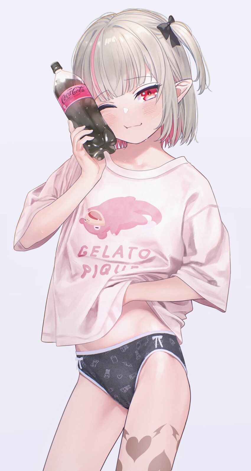 1girl, absurdres, blonde_hair, blush, bottle, cameltoe, coca-cola, coca-cola_zero, gen_1_pokemon, highres, holding, holding_bottle, leg_tattoo, looking_at_viewer, loose_clothes, loose_shirt, makaino_ririmu, multicolored_hair, nijisanji, nintendo, no_pants, one_eye_closed, panties, pink_hair, pointy_ears, pokemon, red_eyes, sabamen, shirt, short_hair, side_ponytail, simple_background, slowpoke, smile, soda_bottle, solo, streaked_hair, tattoo, underwear, virtual_youtuber, white_background, winged_heart, winged_heart_tattoo
