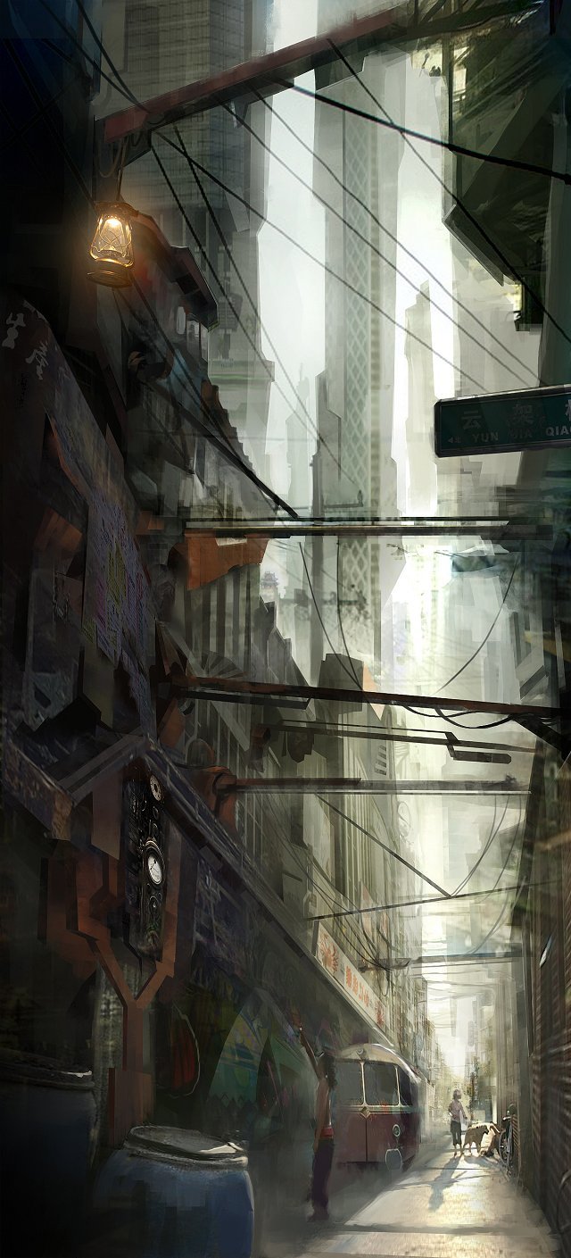 1boy, 1girl, alley, bad_bcy_id, bad_id, barefoot, barrel, belt, black_hair, black_pants, blonde_hair, blue_pants, bus, chinese_commentary, cityscape, commentary_request, day, denim, dog, faceless, faceless_female, full_body, guyu_(bcy_929), highres, industrial, jeans, lantern, long_hair, long_sleeves, motor_vehicle, original, outdoors, pants, power_lines, red_belt, shadow, shirt, shoes, short_hair, sidewalk, sunlight, topless_male, white_shirt, wide_shot