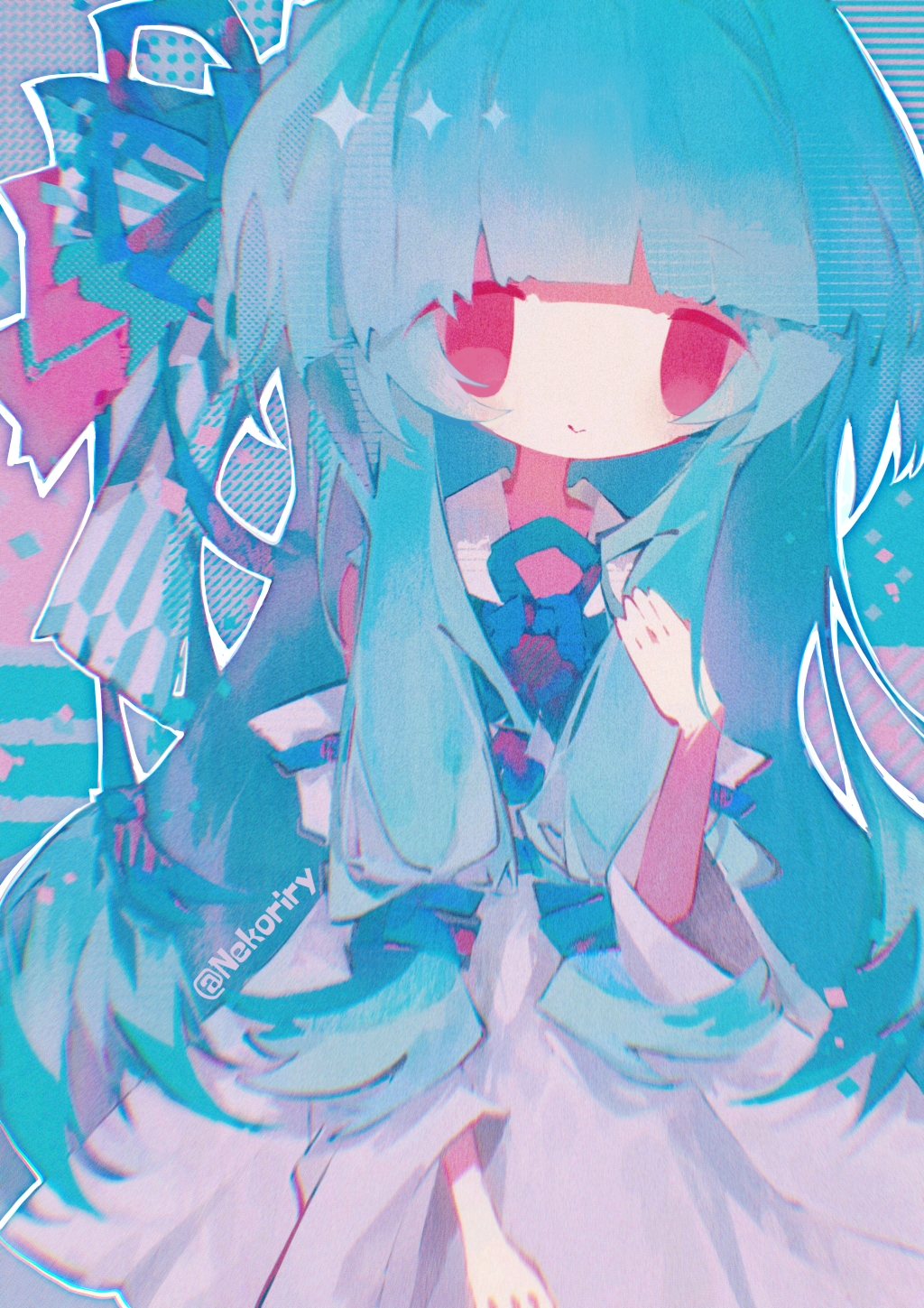 1girl, blue_hair, blue_ribbon, blunt_bangs, detached_sleeves, dress, hair_ribbon, hand_on_own_chest