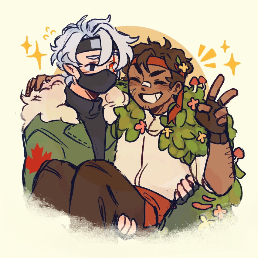 2boys, bdoubleo100, bdoubleo100_(boomer), bdoubleo100_(moss_boy), brown_hair, carrying, carrying_person, check_copyright