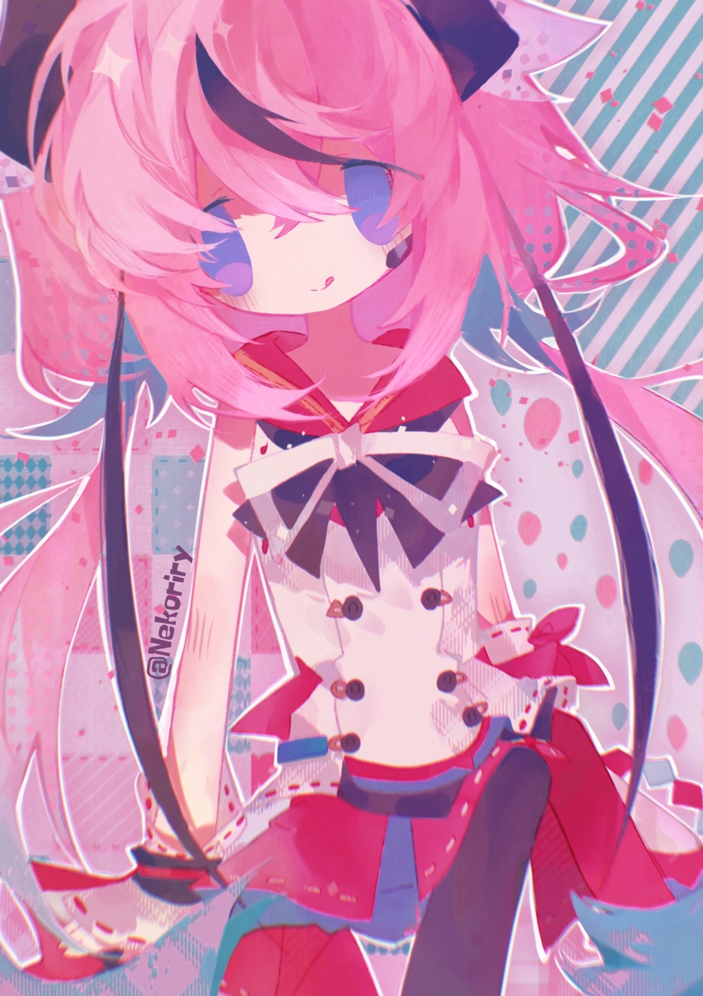 1other, blue_eyes, blue_hair, bow, buttons, double-breasted, hair_between_eyes, hair_flaps, highres, horns, japanese_clothes, long_hair, looking_at_viewer, meika_hime, multicolored_hair, nekoriry_nya, other_focus, pantyhose, patchworks, pink_hair, red_sailor_collar, sailor_collar, shirt, sitting, skirt, sleeveless, sleeveless_shirt, smile, solo, streaked_hair, tongue, tongue_out, twintails, twitter_username, vocaloid, white_shirt