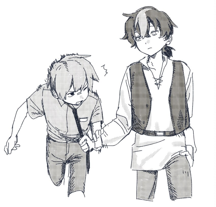 2boys, animification, belt, clothes_grab, cosplay, greyscale, grian_(permit_office)_(hermitcraft), grian_(youtuber)