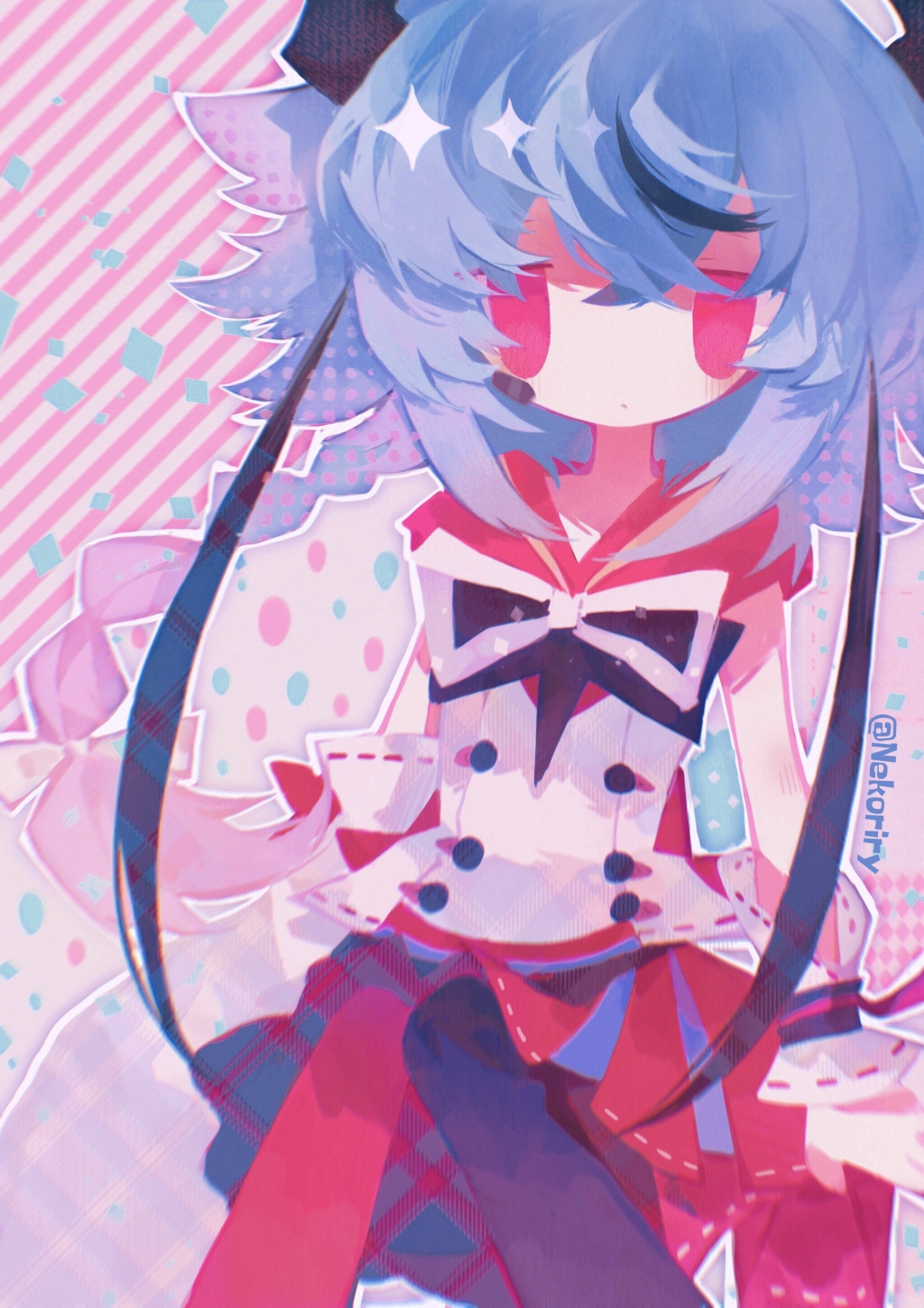 1other, black_pantyhose, blue_hair, bow, braid, gradient_hair, hair_between_eyes, hair_flaps, highres, horns, japanese_clothes, long_hair, looking_at_viewer, meika_mikoto, multicolored_hair, nekoriry_nya, other_focus, pantyhose, patchworks, pink_hair, red_pantyhose, red_sailor_collar, sailor_collar, shirt, sitting, skirt, sleeveless, solo, streaked_hair, twitter_username, two-tone_pantyhose, vocaloid, white_shirt