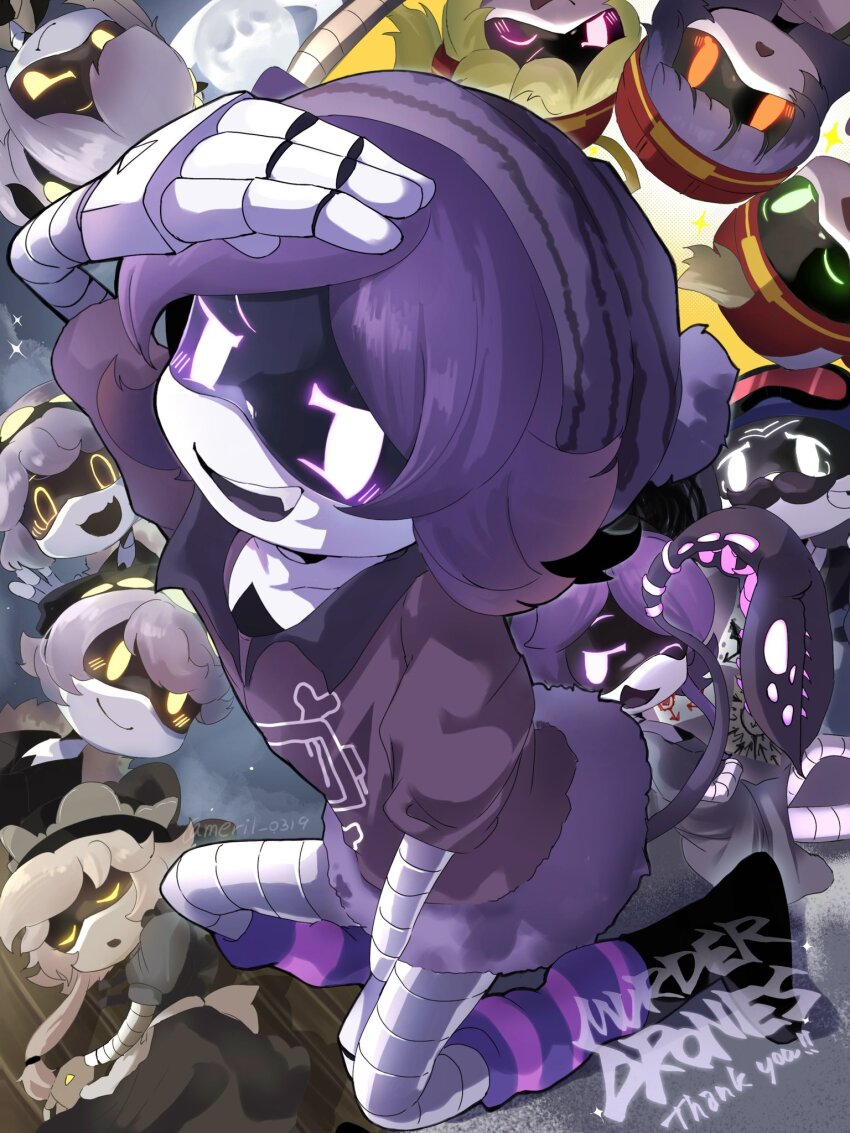 cyn_(murder_drones), doll_(murder_drones), glitch_productions, highres, j_(murder_drones), lizzy_(murder_drones), multiple_boys, multiple_girls, murder_drones, n_(murder_drones), nori_(murder_drones), purple_hair, thad_(murder_drones), uzi_(murder_drones), v_(murder_drones)