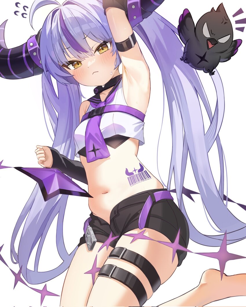 1girl, anger_vein, arm_up, armpits, barcode, barcode_tattoo, belt, bird