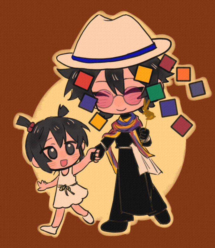 1boy, 1girl, black_eyes, black_gloves, black_hair, black_pants, black_shirt, black_shoes