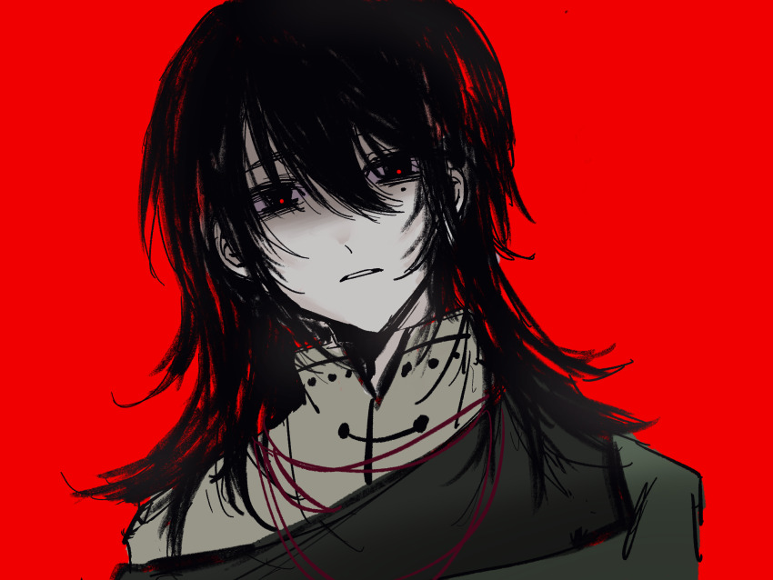 1boy, black_eyes, black_hair, chinese_commentary, colored_skin, commentary_request, green_jacket, grey_shirt, hair_between_eyes, highres, jacket, long_hair, looking_at_viewer, male_focus, mole, mole_under_eye, portrait, qian032909, red_background, red_pupils, shirt, simple_background, solo, touqi_guaitan, white_skin, ziche_fuzhao