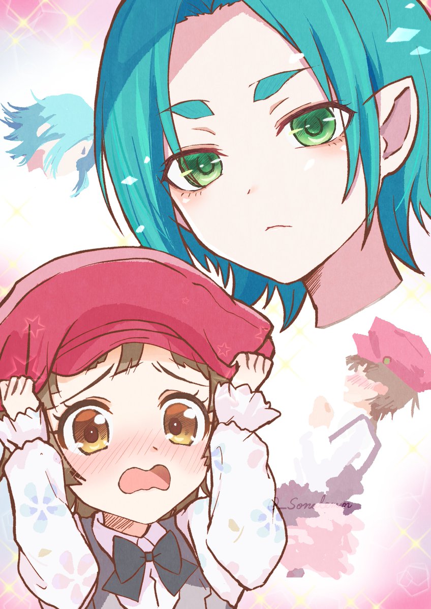 2girls, adjusting_clothes, adjusting_headwear, alternate_hairstyle, aqua_hair, artist_name, black_bow, black_bowtie