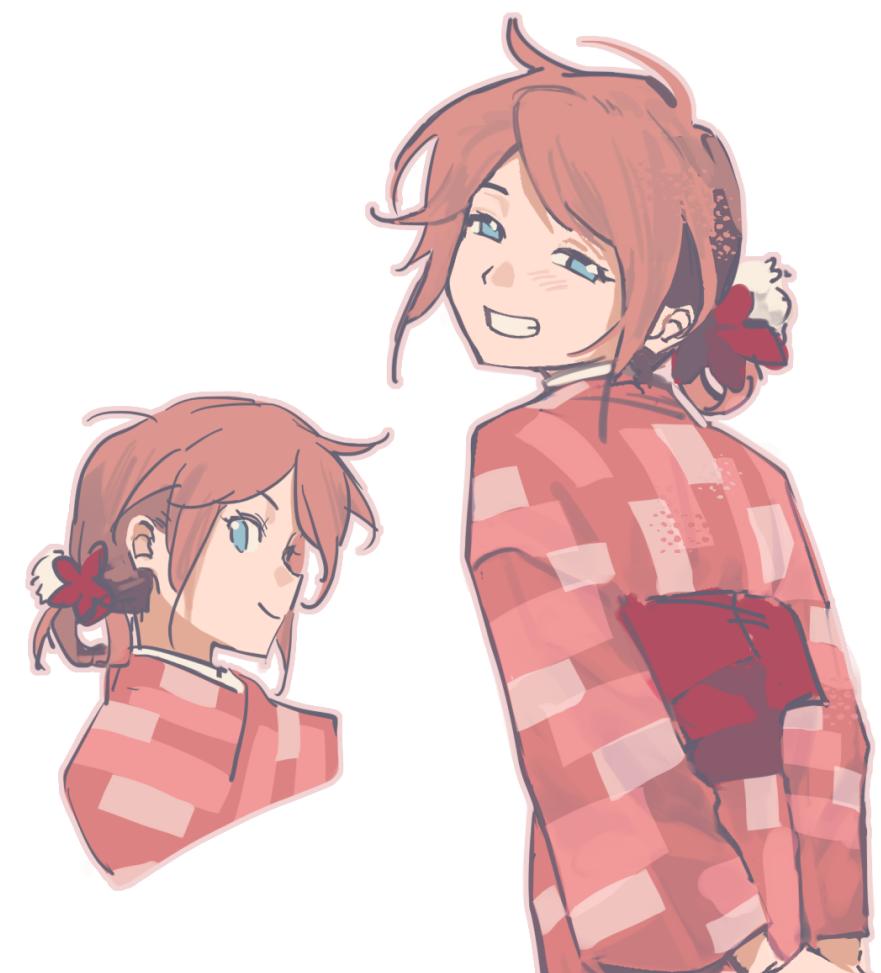 1girl, animification, blue_eyes, commentary, flower, from_behind, grin, hair_flower