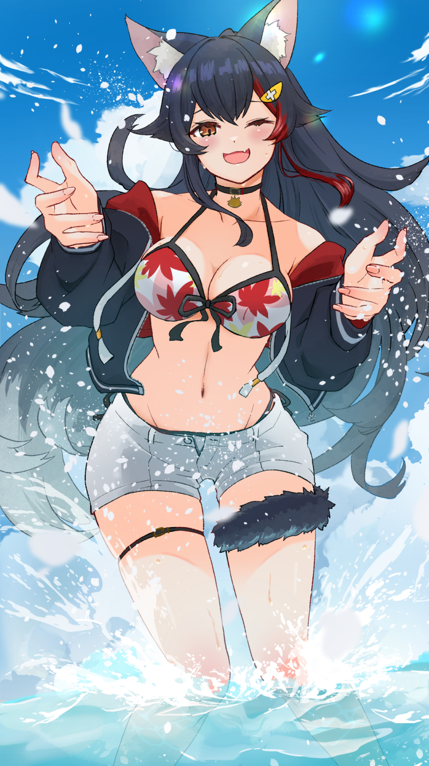 1girl, :d, animal_ear_fluff, animal_ears, bikini, black_hair, blue_sky, blush