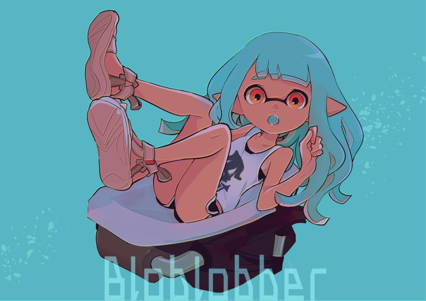 1girl, :o, bare_arms, bare_shoulders, black_shorts, bloblobber_(splatoon), blue_background, blue_hair