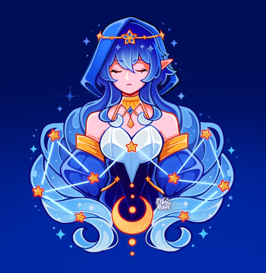 1girl, artist_name, bare_shoulders, blue_background, blue_dress, blue_hair, blue_hood, circlet