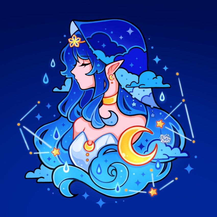 1girl, bare_shoulders, blue_background, blue_hair, blue_hood, circlet, closed_eyes, commentary