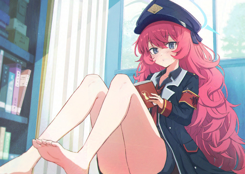 1girl, adversarial_noise, barefoot, black_coat, blue_archive, blue_halo, book, coat