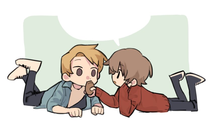 2boys, animification, black_eyes, black_footwear, black_pants, blank_speech_bubble, blonde_hair, blue_jacket, border, bread, brown_eyes, brown_hair, feeding, food, green_background, grian_(youtuber), highres, holding, holding_food, jacket, long_sleeves, lying, male_focus, minecraft_youtube, mipaihere, multiple_boys, no_sclera, on_stomach, open_clothes, open_jacket, pants, red_sweater, shirt, shoes, short_hair, simple_background, sneakers, solidaritygaming, speech_bubble, sweater, traffic_life_series, white_border, white_footwear, white_shirt