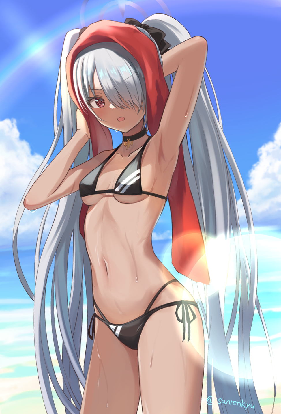 1girl, armpits, arms_behind_head, bare_arms, bikini, black_bikini, black_bow, black_choker