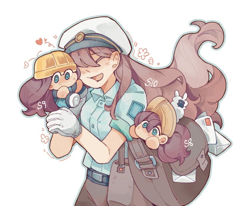 3girls, aqua_eyes, bag, belt, belt_buckle, black_belt, blue_shirt, blush, breasts, brown_hair, brown_pants, buckle, buttons, chibi, closed_eyes, collared_shirt, commentary, envelope, happy, hard_hat, hashtag-only_commentary, hat, heart, helmet, hermitcraft, highres, in_bag, in_container, long_hair, looking_at_viewer, messenger_bag, minecraft_youtube, mini_person, minigirl, multiple_girls, multiple_persona, open_mouth, overalls, pants, pearlescentmoon, pearlescentmoon_(cleaning_lady), pearlescentmoon_(postmaster), shirt, shoulder_bag, simple_background, smile, standing, very_long_hair, white_background, white_hat, yuepcat