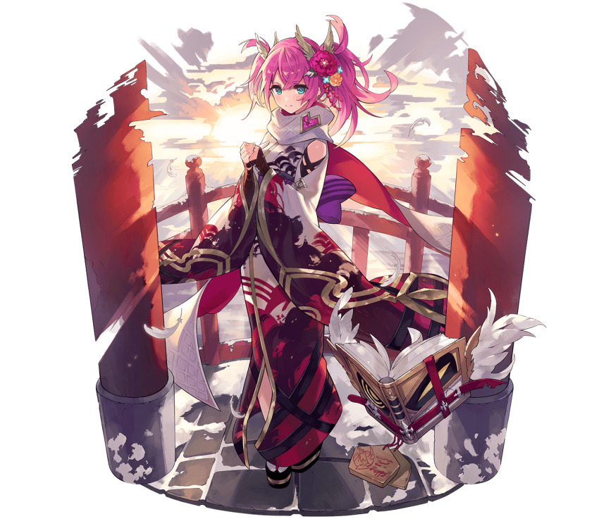 1girl, blue_eyes, book, closed_mouth, ema, feathers, flower, freikugel