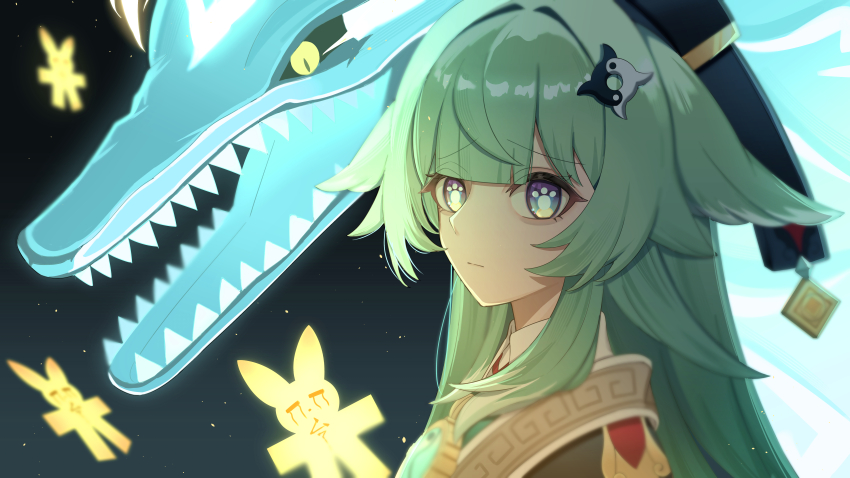 1girl, absurdres, animal_ears, black_hat, blue_background, chinese_clothes, closed_mouth, commentary_request