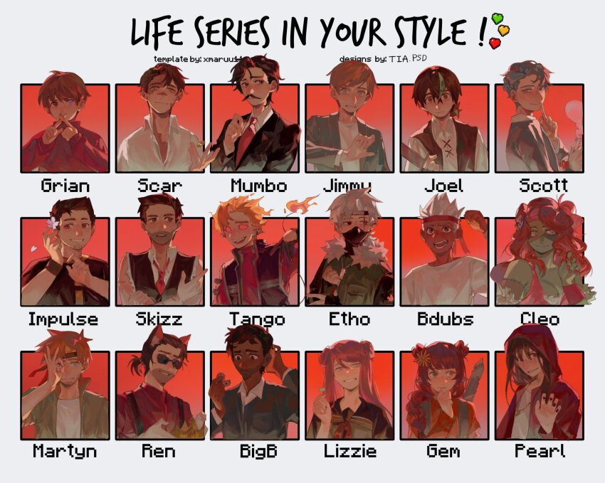 3rd_life_smp, 4girls, 6+boys, :d, animal_ears, animification, bdoubleo100, bdoubleo100_(boomer), beard, bigbst4tz2, black_eyes, black_gloves, black_hair, black_headband, black_jacket, black_mask, black_suit, black_vest, blonde_hair, blue_eyes, blue_hair, blue_jacket, blue_shirt, bottle, bracelet, breasts, brown_eyes, brown_hair, brown_vest, character_name, cleavage, clenched_hand, collared_shirt, colored_sclera, colored_skin, commentary, cosplay, crossed_arms, crown, dark-skinned_male, dark_skin, demon_boy, dog_boy, dog_ears, dog_tags, double_bun, double_life_smp, english_commentary, english_text, ethoslab, everyone, facial_hair, fiery_hair, finger_to_mouth, fingerless_gloves, fire, flame-tipped_tail, flower, formal_clothes, fur-trimmed_vest, fur_trim, geminitay, gloves, goodtimeswithscar, green_eyes, green_hair, green_jacket, green_skin, green_vest, grey_eyes, grey_hair, grian_(youtuber), hair_bun, hair_flower, hair_ornament, hand_up, hands_up, headband, heart, heterochromia, highres, holding, holding_bottle, holding_crown, holding_potion, holding_sword, holding_weapon, hood, hood_up, impulsesv, indie_virtual_youtuber, inthelittlewood, inthelittlewood_(datastream_defender), jacket, jewelry, large_breasts, last_life_smp, ldshadowlady, life_heart_(traffic_life), limited_life_smp, long_hair, looking_at_another, mask, medium_hair, minecraft_sword, minecraft_youtube, monster_girl, mouth_mask, multicolored_hair, multiple_boys, multiple_drawing_challenge, multiple_girls, mumbo_jumbo_(youtuber), mustache, necktie, ninja, no_pupils, official_alternate_costume, ok_sign, open_clothes, open_jacket, open_mouth, open_vest, orange_hair, pearlescentmoon, pearlescentmoon_(5am), pink_hair, pointy_ears, ponytail, potion, red_headband, red_necktie, red_sclera, red_shirt, red_sweater, red_theme, rendog, scar, scar_across_eye, scar_on_face, school_uniform, secret_life_smp, serafuku, sharp_teeth, shirt, short_hair, shrek, shrek_(cosplay), shrek_(series), shushing, skizzleman, sleeveless, sleeveless_jacket, sleeveless_shirt, smajor1995, smallishbeans, smile, solidaritygaming, spiked_hair, stitches, streaked_hair, suit, sunglasses, suspenders, sweater, sword, tail, tangotek, teeth, tianalllll, traffic_life_series, turtleneck, turtleneck_sweater, upper_body, very_dark_skin, vest, virtual_youtuber, weapon, white_hair, white_shirt, x_fingers, x_fingers_over_mouth, yogscast, zombie, zombiecleo