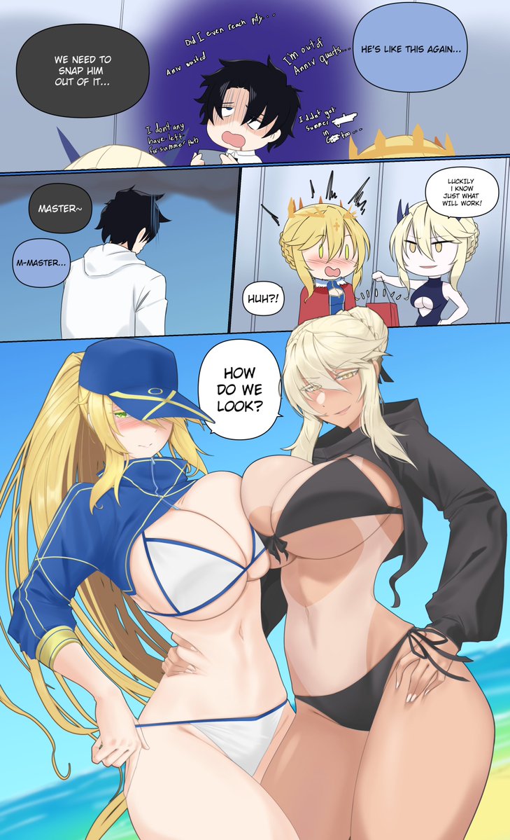 1boy, 2girls, artoria_pendragon_(fate), artoria_pendragon_(lancer)_(fate), artoria_pendragon_(lancer_alter)_(fate), bikini, black_bikini, blonde_hair, breasts, comic, english_text, fate/grand_order, fate_(series), fujimaru_ritsuka_(male), large_breasts, multiple_girls, mysterious_heroine_x_(fate), mysterious_heroine_xx_(fate), speech_bubble, swimsuit, the_flying_toaster, white_bikini, white_hair