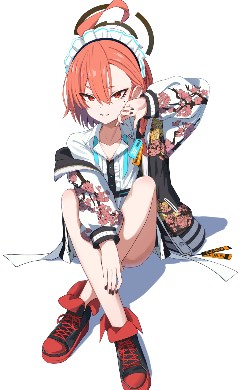 1girl, ahoge, arm_up, asymmetrical_bangs, black_nails, black_shoes, blue_archive, braid